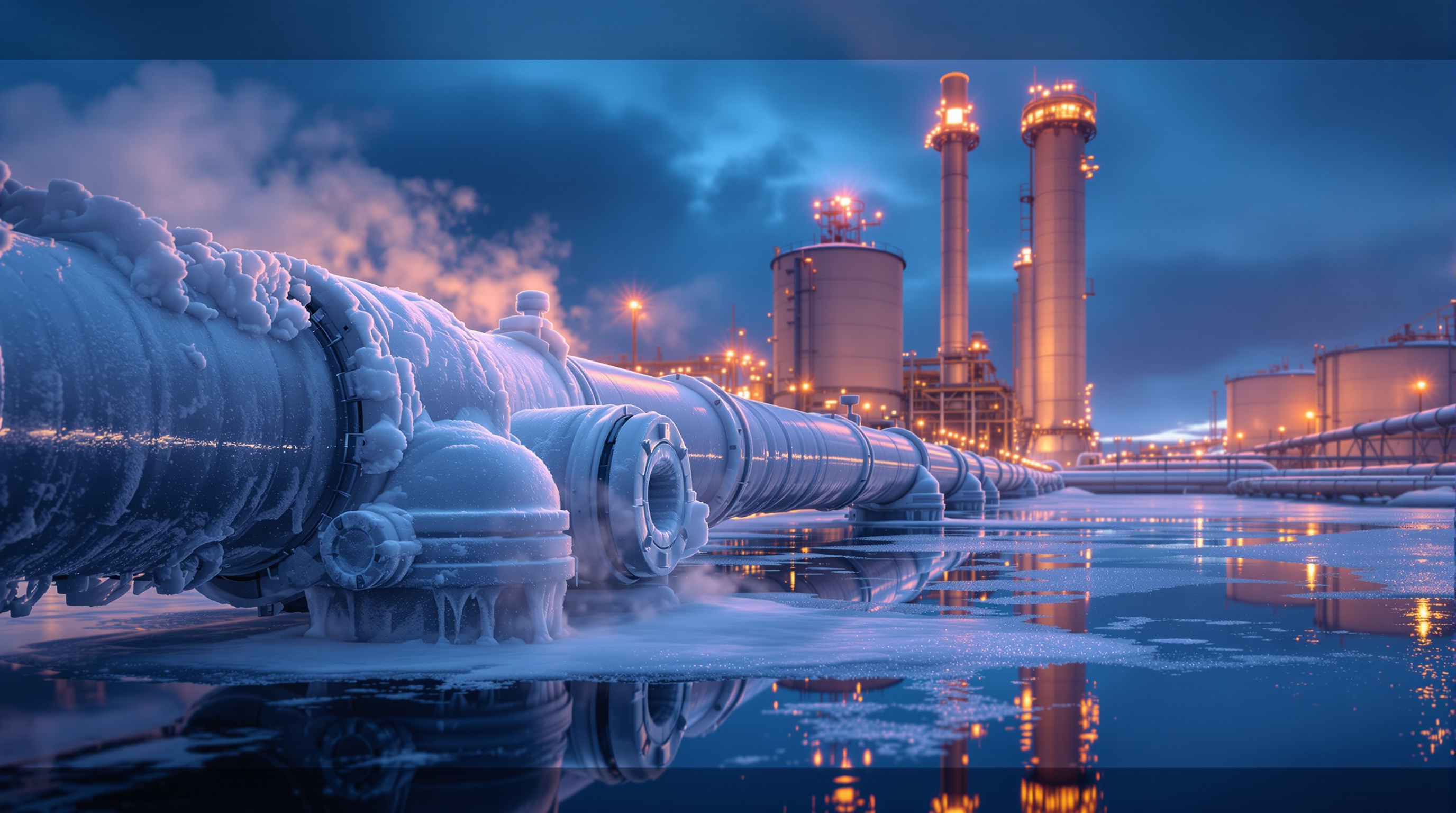 Frosted cryogenic pipework and pump installation at a liquefied gas plant