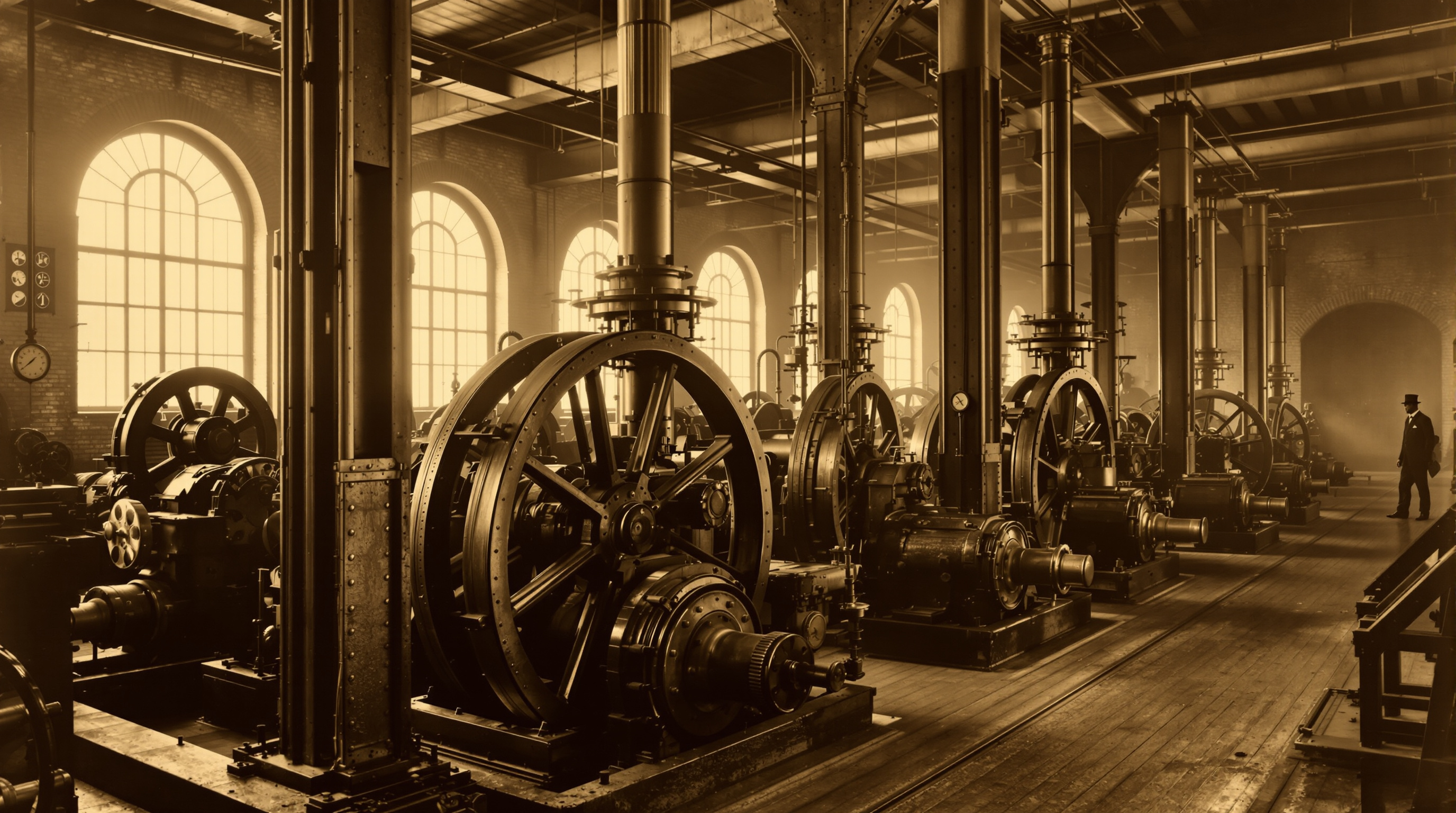 Historic steam-era pump house with cast-iron reciprocating water pumps and flywheels