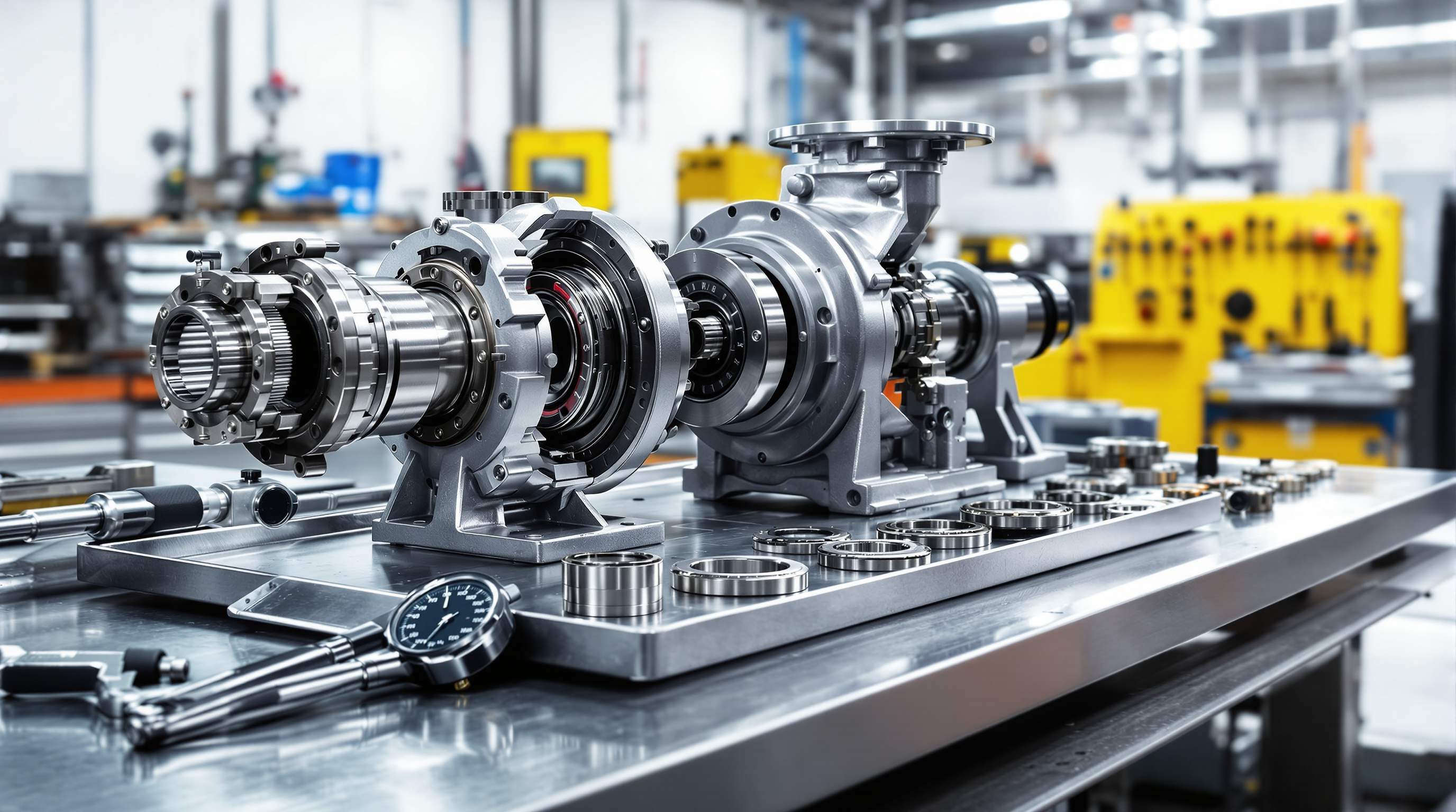 Disassembled pump with mechanical seal and bearings laid out for precision maintenance