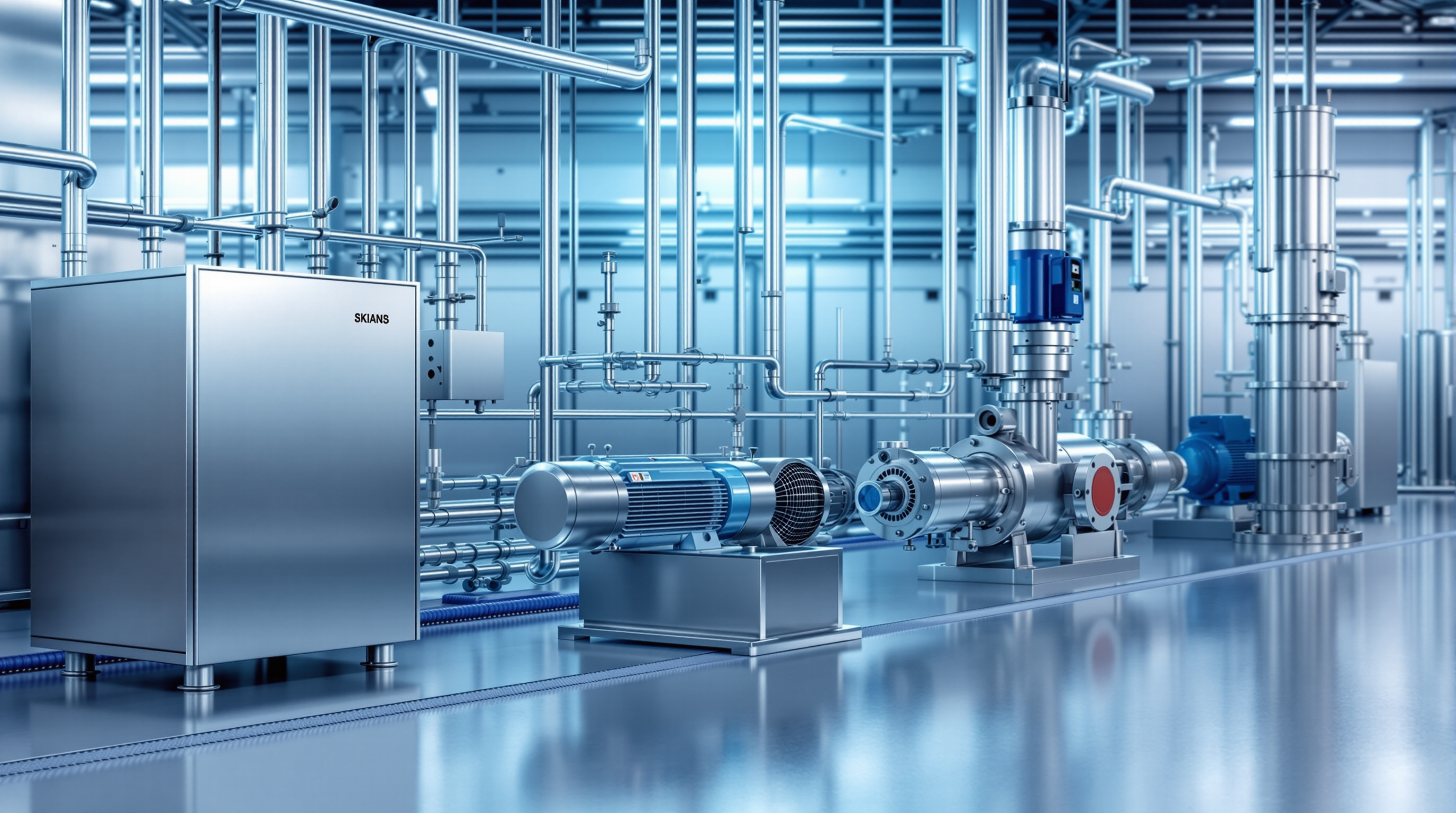 Several industrial pump types installed along a modern process plant floor