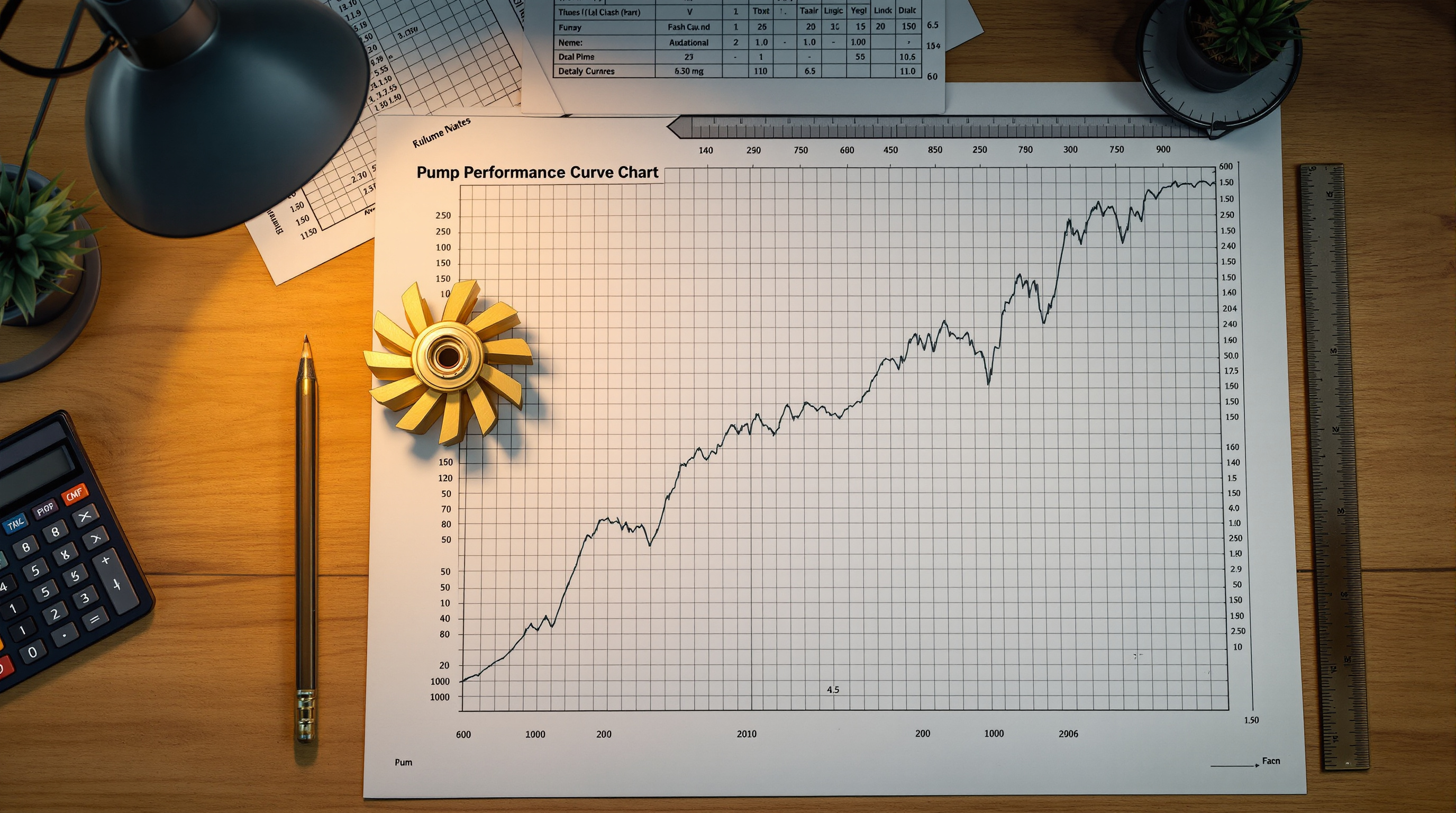 Desk with pump performance curves, calculator and engineering tools for pump selection
